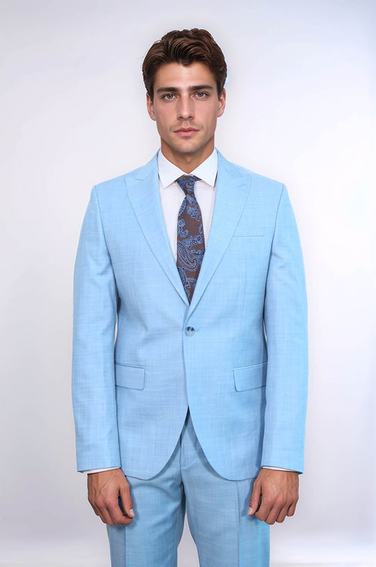 Men's Light Blue Single-Button 2-Piece Slim Fit Suit