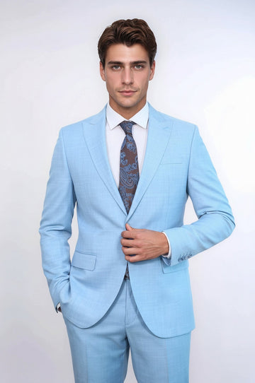 Men's Light Blue Single-Button 2-Piece Slim Fit Suit