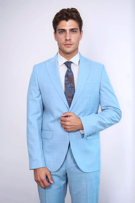 Men's Light Blue Single-Button 2-Piece Slim Fit Suit