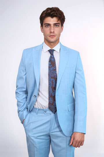 Men's Light Blue Single-Button 2-Piece Slim Fit Suit