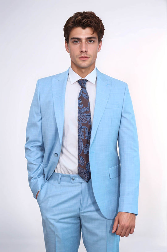 Men's Light Blue Single-Button 2-Piece Slim Fit Suit