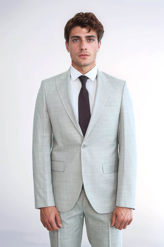 Men's Light Grey Textured Single-Button 2-Piece Slim Fit Suit