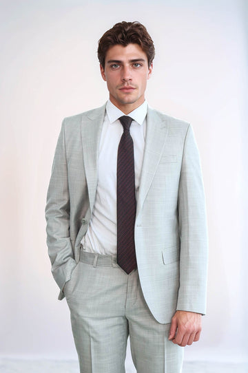 Men's Light Grey Textured Single-Button 2-Piece Slim Fit Suit