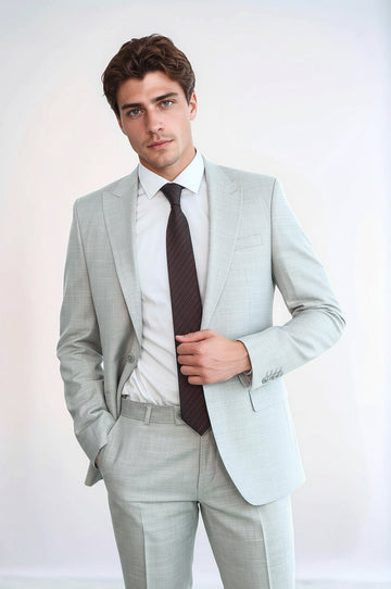 Men's Light Grey Textured Single-Button 2-Piece Slim Fit Suit