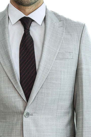 Men's Light Grey Textured Single-Button 2-Piece Slim Fit Suit