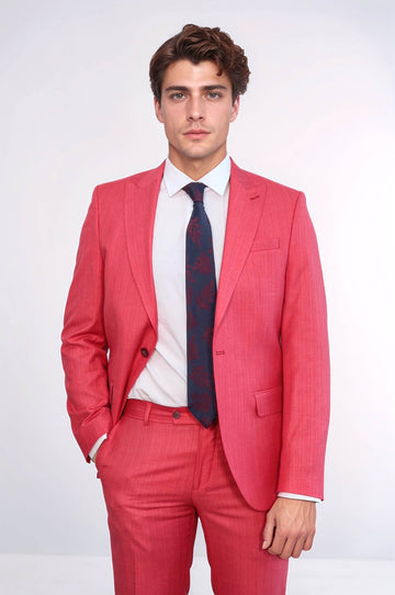 Men's Coral Red Single-Button 2-Piece Slim Fit Suit