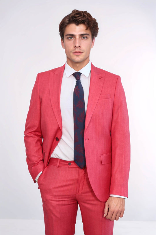Men's Coral Red Single-Button 2-Piece Slim Fit Suit