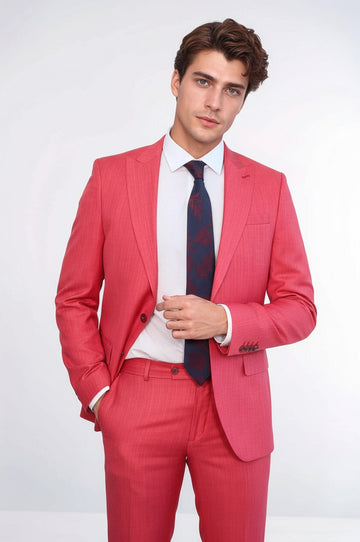 Men's Coral Red Single-Button 2-Piece Slim Fit Suit