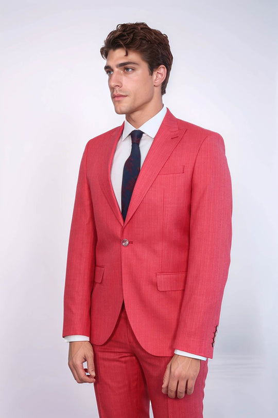 Men's Coral Red Single-Button 2-Piece Slim Fit Suit
