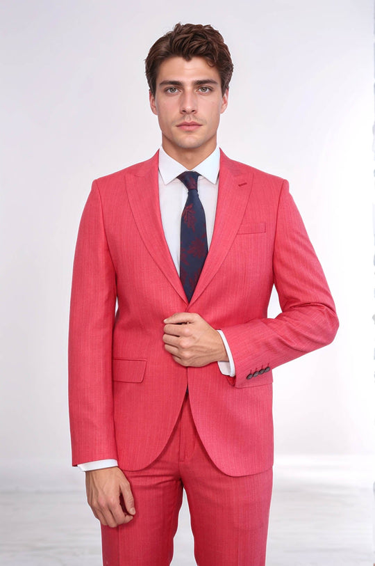 Men's Coral Red Single-Button 2-Piece Slim Fit Suit