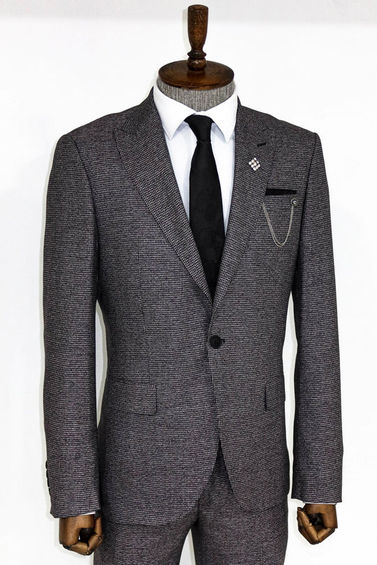 Men's Grey Houndstooth 2-Piece Slim Fit Suit with Peak Lapel