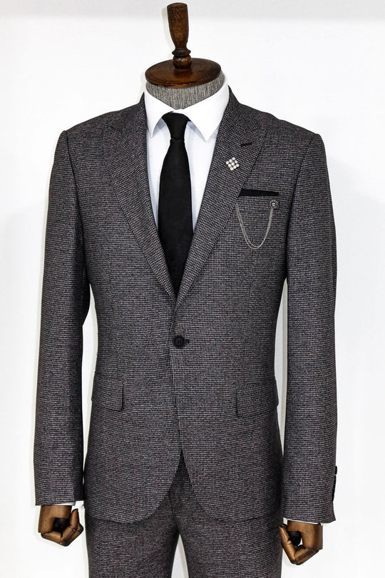 Men's Grey Houndstooth 2-Piece Slim Fit Suit with Peak Lapel