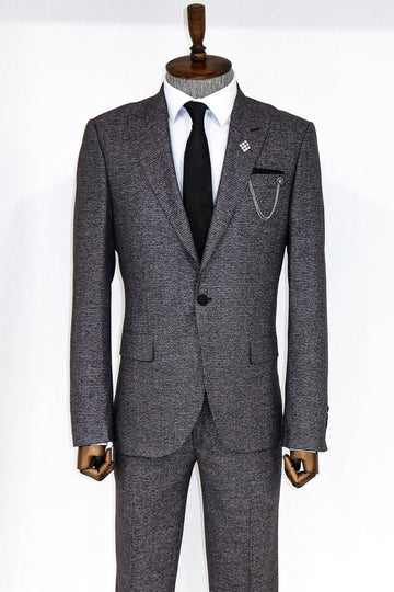 Men's Grey Houndstooth 2-Piece Slim Fit Suit with Peak Lapel