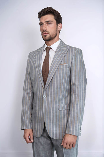 Men's Mist Grey Chalk Stripe 2-Piece Slim Fit Combination Suit