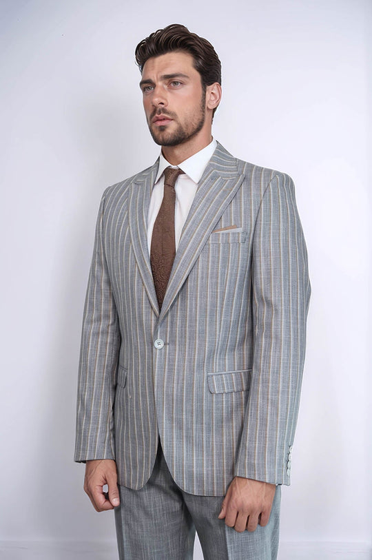 Men's Mist Grey Chalk Stripe 2-Piece Slim Fit Combination Suit