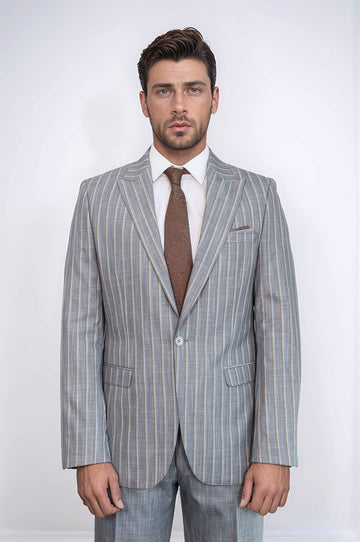 Men's Mist Grey Chalk Stripe 2-Piece Slim Fit Combination Suit