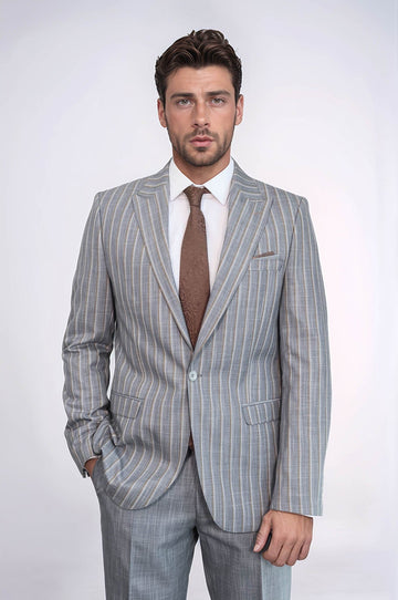 Men's Mist Grey Chalk Stripe 2-Piece Slim Fit Combination Suit