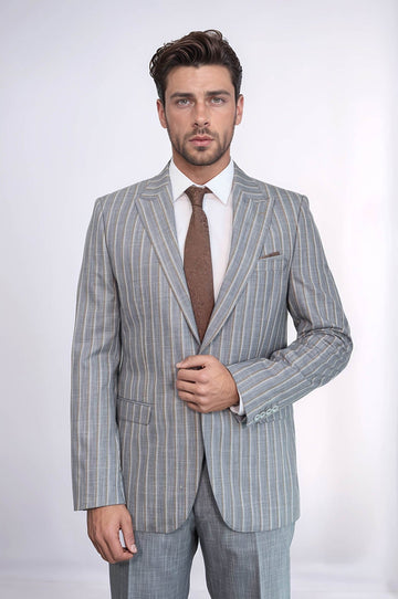 Men's Mist Grey Chalk Stripe 2-Piece Slim Fit Combination Suit