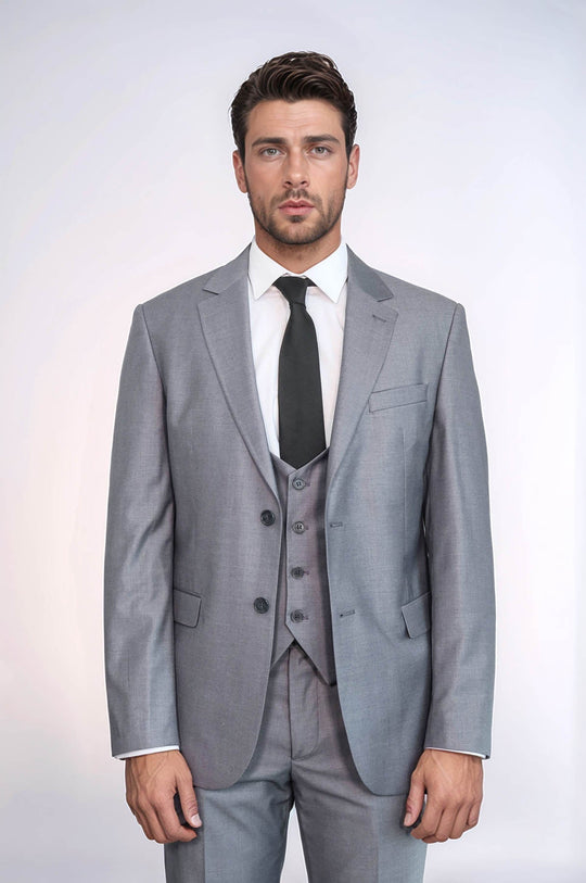 Men's Silver Steel 3-Piece Slim Fit Suit