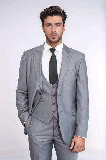 Men's Silver Steel 3-Piece Slim Fit Suit