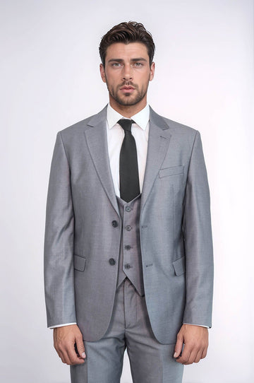 Men's Silver Steel 3-Piece Slim Fit Suit