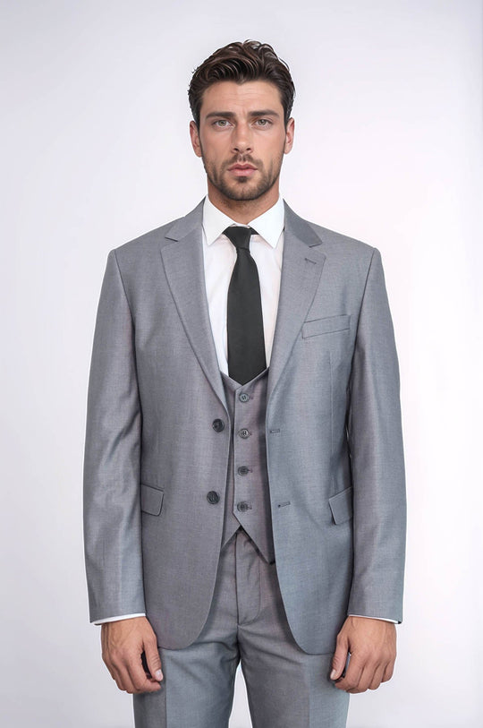 Men's Silver Steel 3-Piece Slim Fit Suit