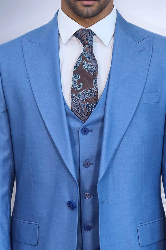 Men's Sky Blue Solid Slim Fit 3-Piece Suit