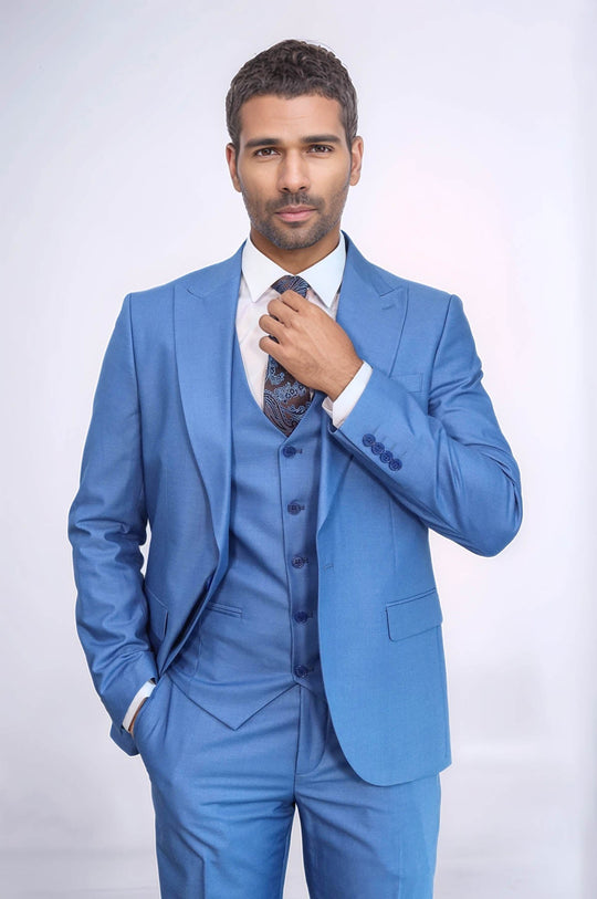 Men's Sky Blue Solid Slim Fit 3-Piece Suit