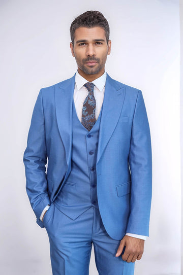 Men's Sky Blue Solid Slim Fit 3-Piece Suit