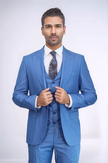 Men's Sky Blue Solid Slim Fit 3-Piece Suit