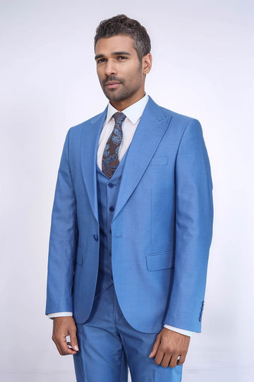 Men's Sky Blue Solid Slim Fit 3-Piece Suit