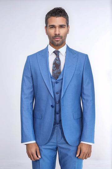 Men's Sky Blue Solid Slim Fit 3-Piece Suit