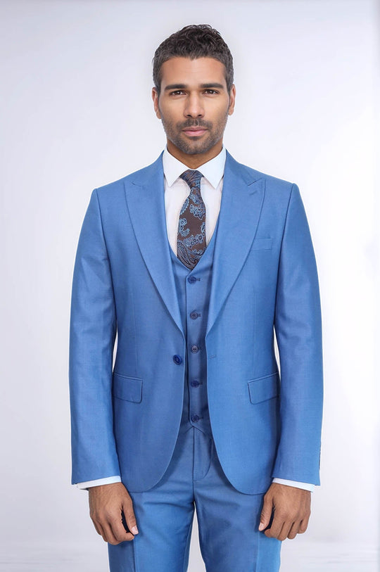 Men's Sky Blue Solid Slim Fit 3-Piece Suit