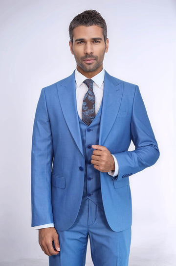 Men's Sky Blue Solid Slim Fit 3-Piece Suit