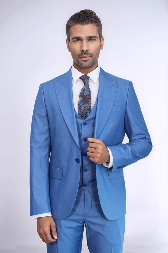 Men's Sky Blue Solid Slim Fit 3-Piece Suit