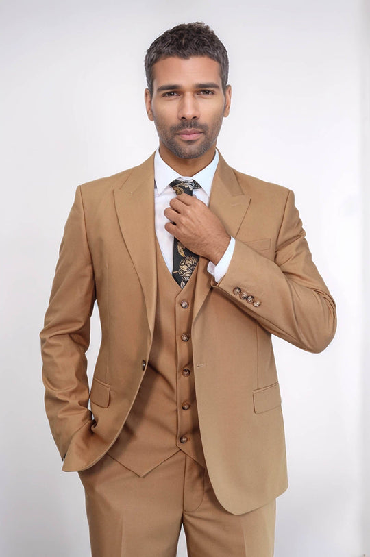 Men's Classic Tan Solid Slim Fit 3-Piece Suit