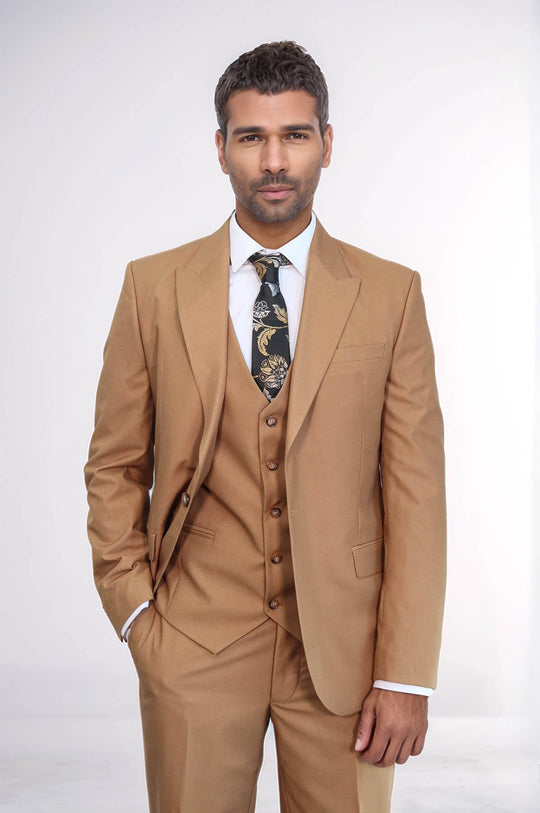 Men's Classic Tan Solid Slim Fit 3-Piece Suit