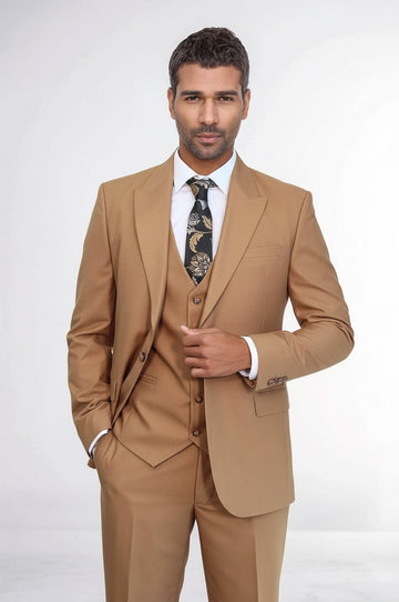 Man wearing a tan suit with a white shirt and patterned tie on a white background