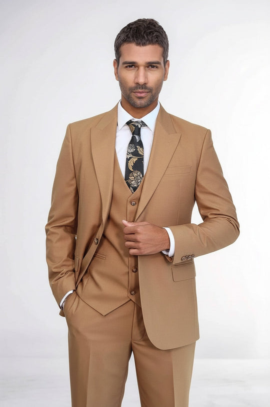 Man wearing a tan suit with a white shirt and patterned tie on a white background