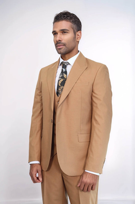 Men's Classic Tan Solid Slim Fit 3-Piece Suit
