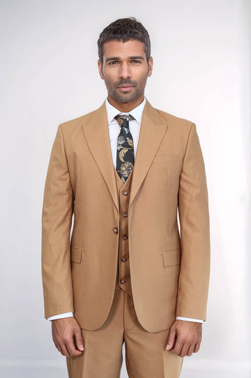 Men's Classic Tan Solid Slim Fit 3-Piece Suit