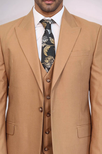 Men's Classic Tan Solid Slim Fit 3-Piece Suit