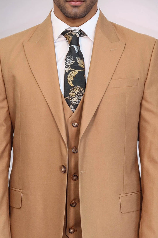 Men's Classic Tan Solid Slim Fit 3-Piece Suit