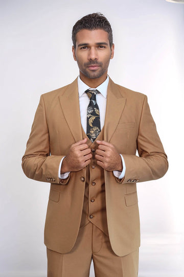 Men's Classic Tan Solid Slim Fit 3-Piece Suit
