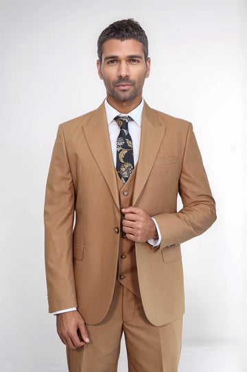 Men's Classic Tan Solid Slim Fit 3-Piece Suit