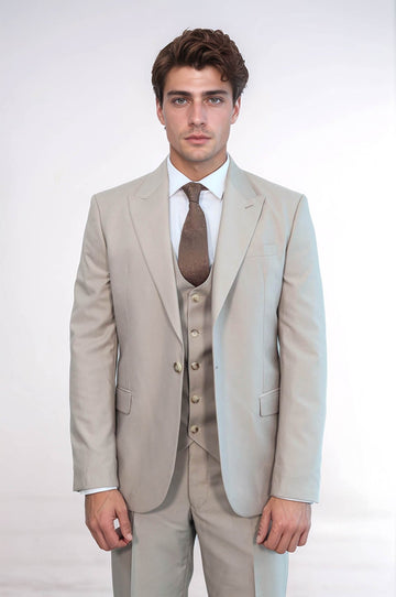 Men's Stone Beige Solid Slim Fit 3-Piece Suit