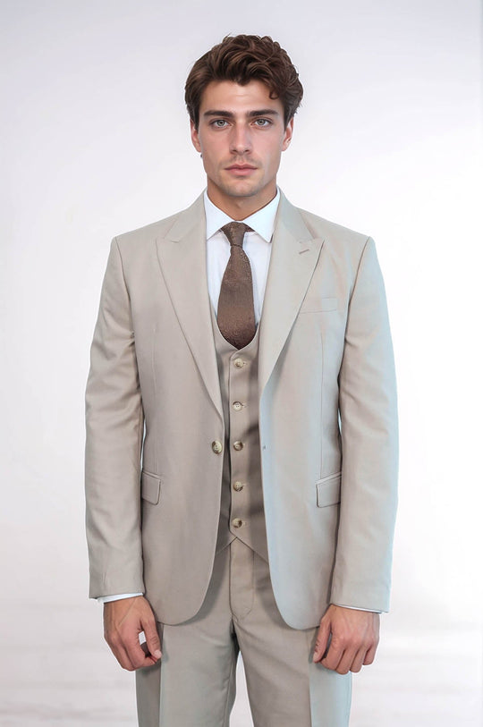 Men's Stone Beige Solid Slim Fit 3-Piece Suit
