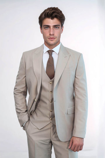 Men's Stone Beige Solid Slim Fit 3-Piece Suit