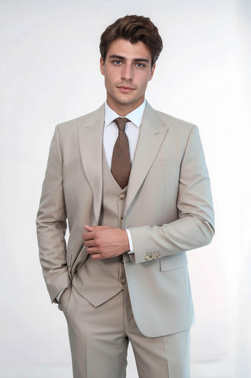 Men's Stone Beige Solid Slim Fit 3-Piece Suit