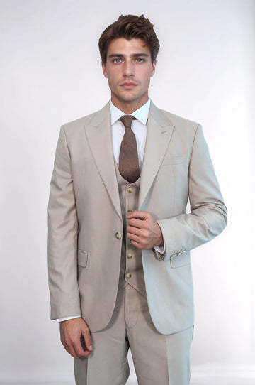 Men's Stone Beige Solid Slim Fit 3-Piece Suit